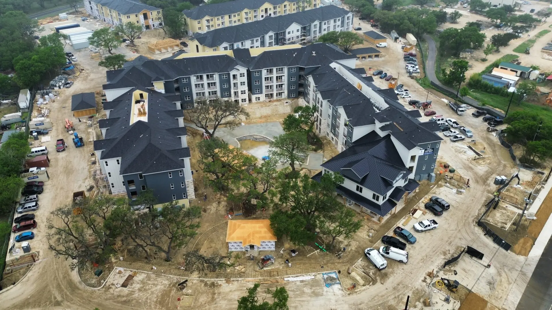 Aerial view of multi-family apartment framing project